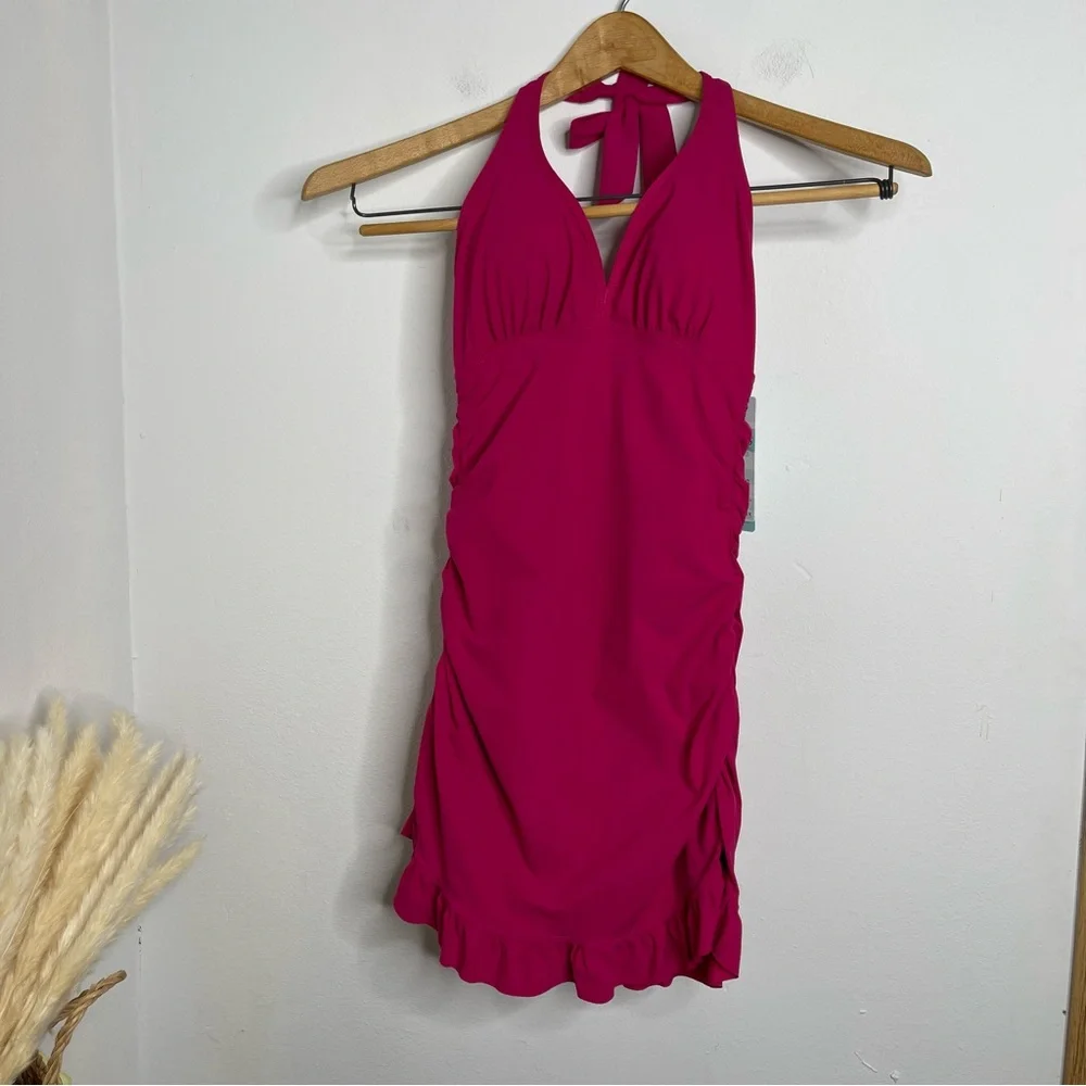 SPANX Love Your Assets Ruffle Halter Swim Dress in Sunset Pink Size S NWT Barbie - Picture 4 of 16